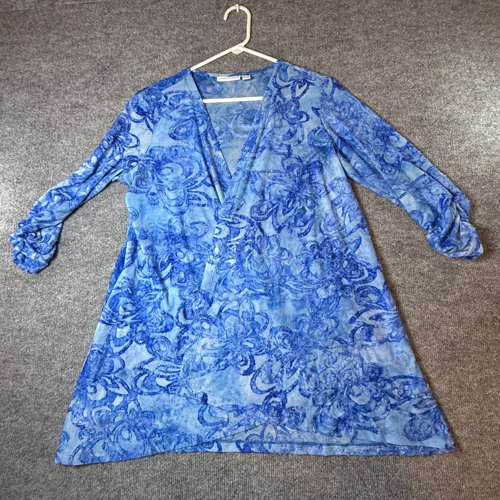 Susan Graver Blue Floral Burnout Open Front Cardigan Ruched 3/4 Sleeve MP Petite